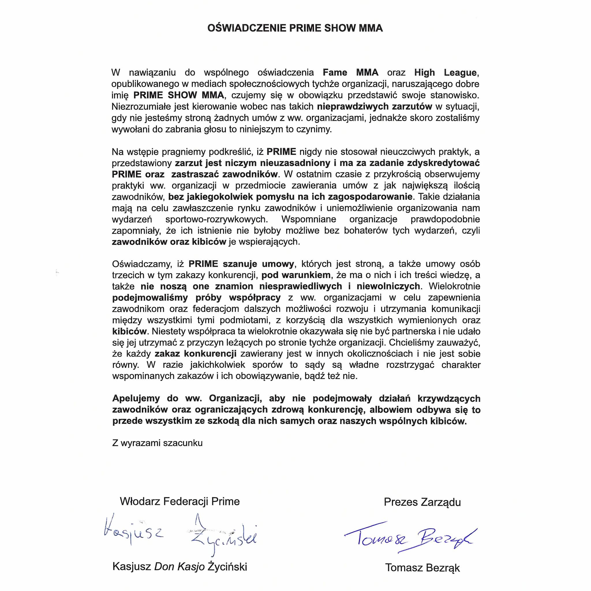 PRIME SHOW MMA oświadczenie