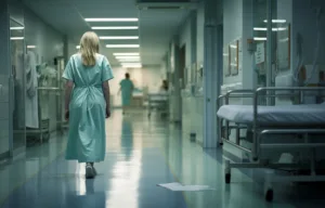 Szpitalny korytarz z idącą pielęgniarką, symbolizujący walkę personelu medycznego o życie pacjentów. Zdjęcie nawiązuje do przypadku mężczyzny z 13 promilami alkoholu we krwi, który trafił do szpitala w stanie skrajnego upojenia