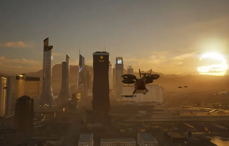 Panorama futurystycznego miasta Redrock w grze MindsEye. Detale cyberpunkowej metropolii ukazują zaawansowaną technologię i neonowe światła. | MindsEye gameplay