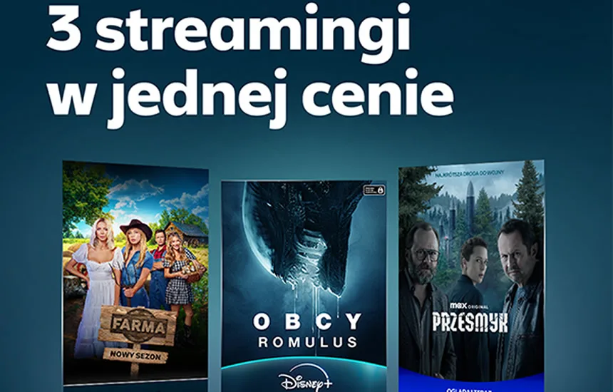 Grafika promująca pakiety streamingowe w Polsat Box i Plusie - All In Streaming i Stream+ - z dostępem do Disney+ i Max od 25 zł miesięcznie. Na ilustracji widoczne logotypy serwisów streamingowych oraz hasło reklamowe zachęcające do skorzystania z oferty.