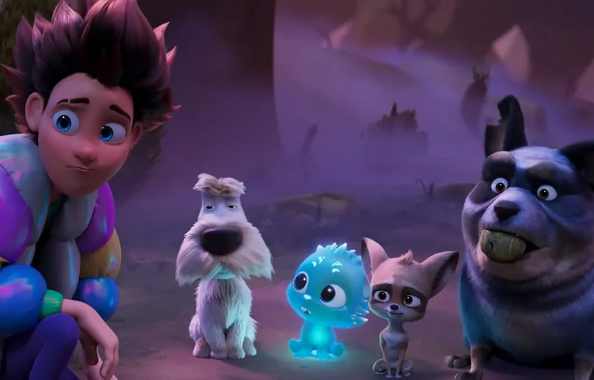 Kadr z animacji Freddy. Pudel nie z tej ziemi przedstawia głównego bohatera, pudla Freddy'ego. Obok niego znajduje się suczka Batty, która z uśmiechem towarzyszy mu w przygodzie.