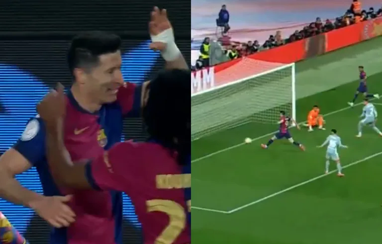 Robert Lewandowski strzela gola w meczu FC Barcelona - Atlético Madryt, który zakończył się wynikiem 4:4.