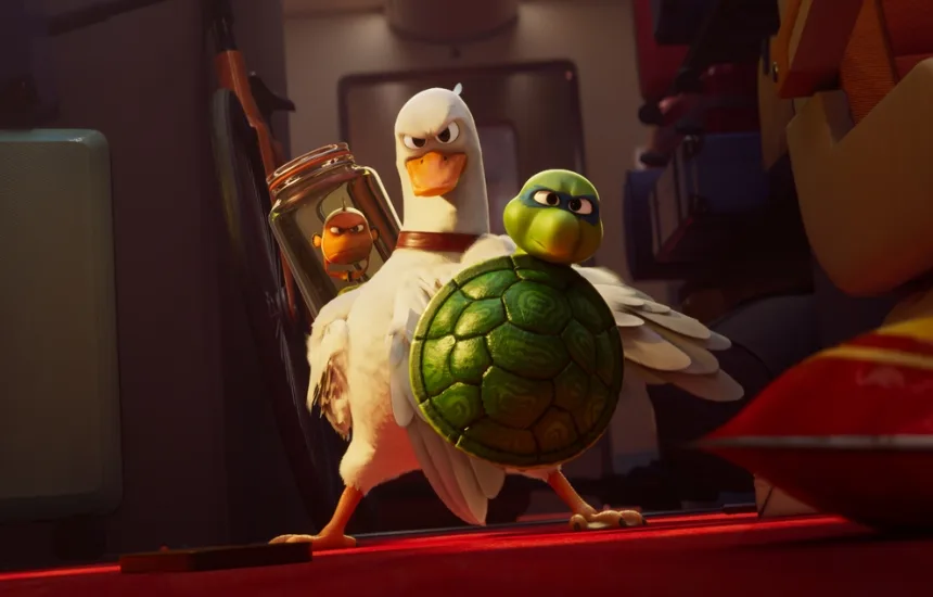 Animowane zwierzęta na pokładzie pędzącego pociągu - kadr z filmu Szybcy i sprytni