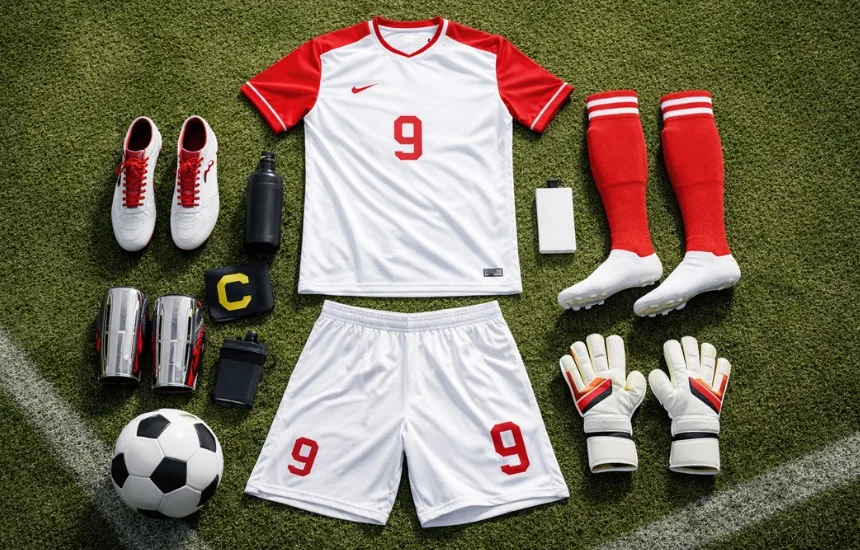 Zestaw piłkarski rozłożony na murawie - koszulka, spodenki, getry i akcesoria piłkarskie