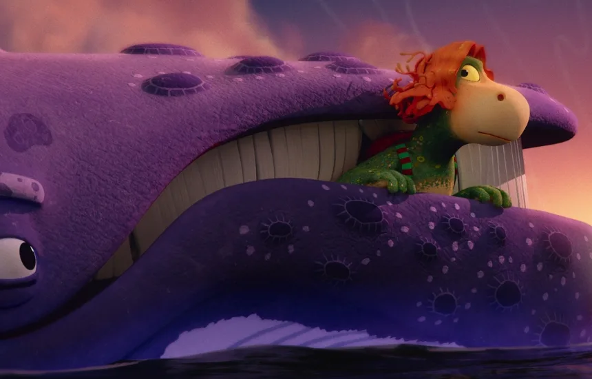 Rufus Potwór morski który nie umiał pływać - bohater animowanego filmu na grzbiecie morskiego stworzenia