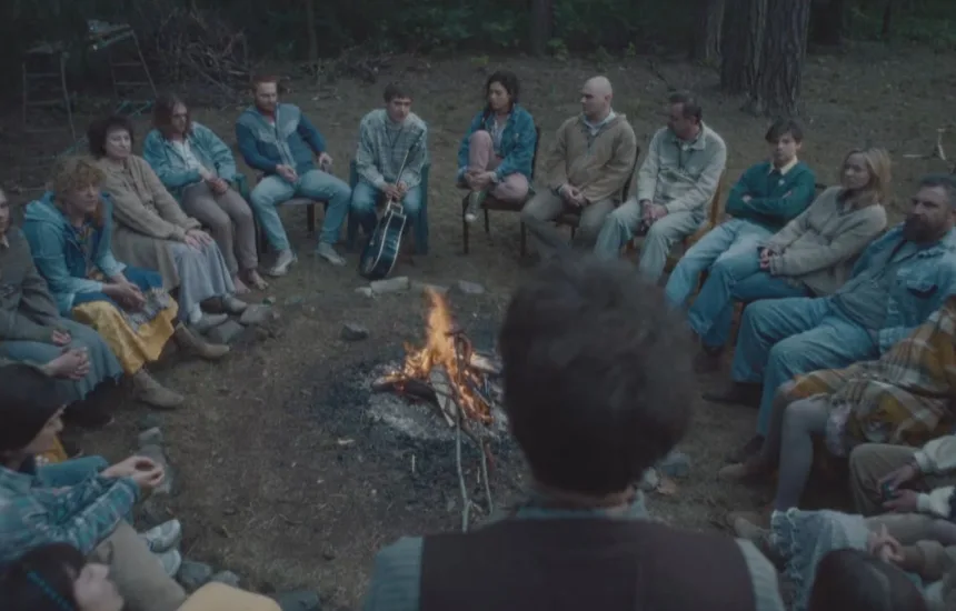 Kadr z serialu Niebo Rok w piekle na HBO Max - członkowie wspólnoty siedzą w kręgu przy ognisku