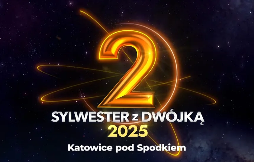 Grafika promująca Sylwester z TVP 2025 w Katowicach pod Spodkiem, to oficjalny plakat wydarzenia Sylwester z Dwójką 2025