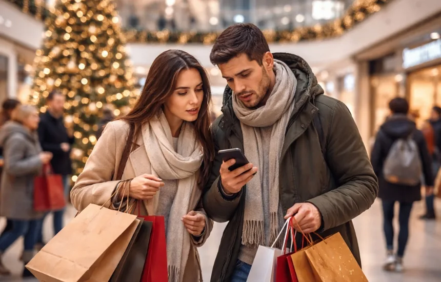 Para z torbami zakupowymi sprawdza w telefonie, czy 28 grudnia to niedziela handlowa, w świątecznej galerii handlowej