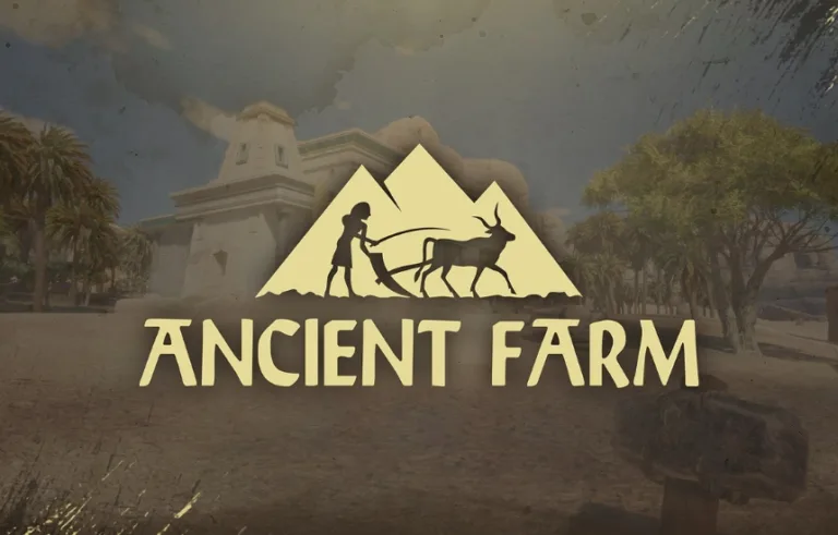Logo gry Ancient Farm PC na tle starożytnego Egiptu - rolnik prowadzący woła przed piramidami i egipską architekturą