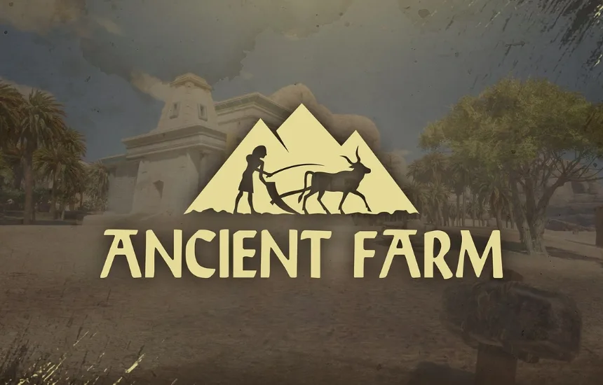 Logo gry Ancient Farm PC na tle starożytnego Egiptu - rolnik prowadzący woła przed piramidami i egipską architekturą