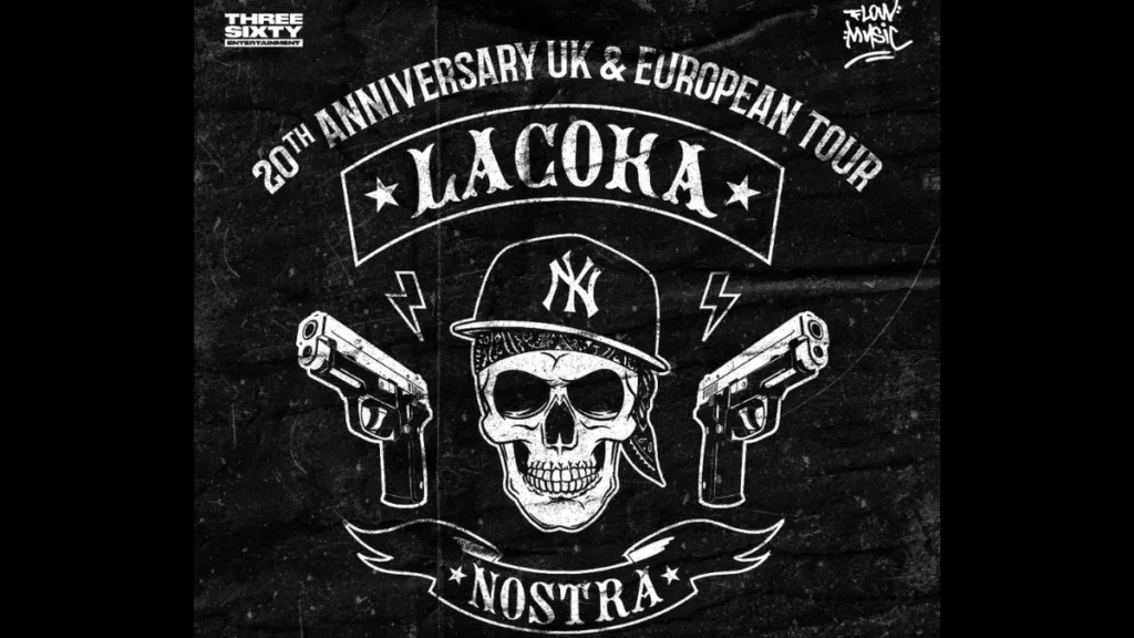 Grafika promująca trasę 20 Year Anniversary UK & European Tour zespołu La Coka Nostra przed koncertem w Warszawie