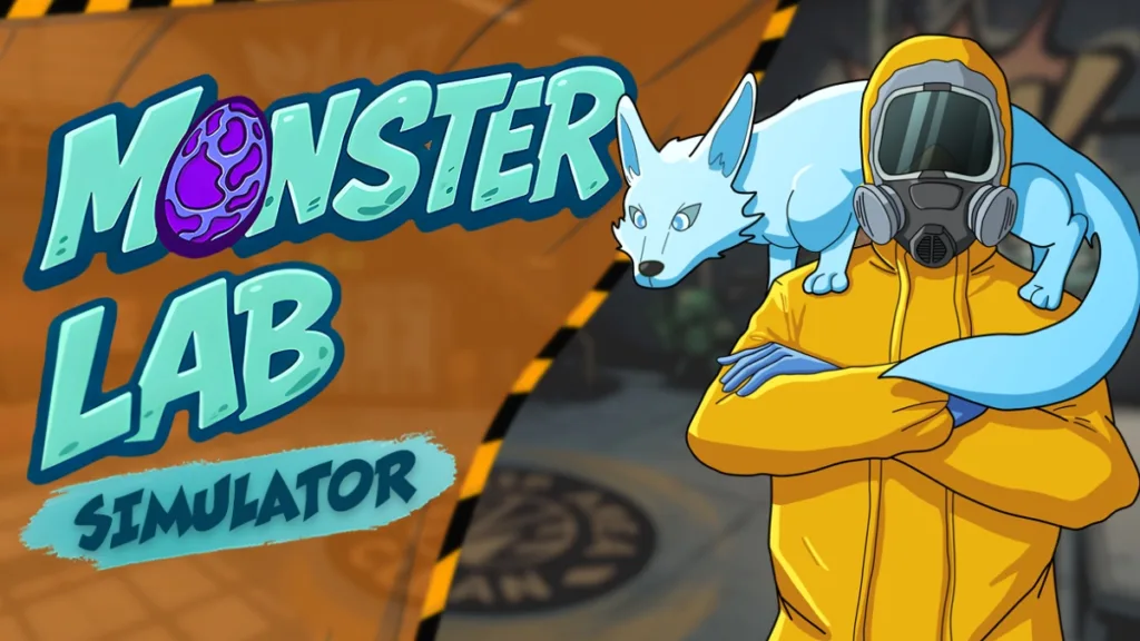 Ilustracja promocyjna gry Monster Lab Simulator przedstawiająca naukowca w kombinezonie ochronnym z fantastycznym stworzeniem na ramionach