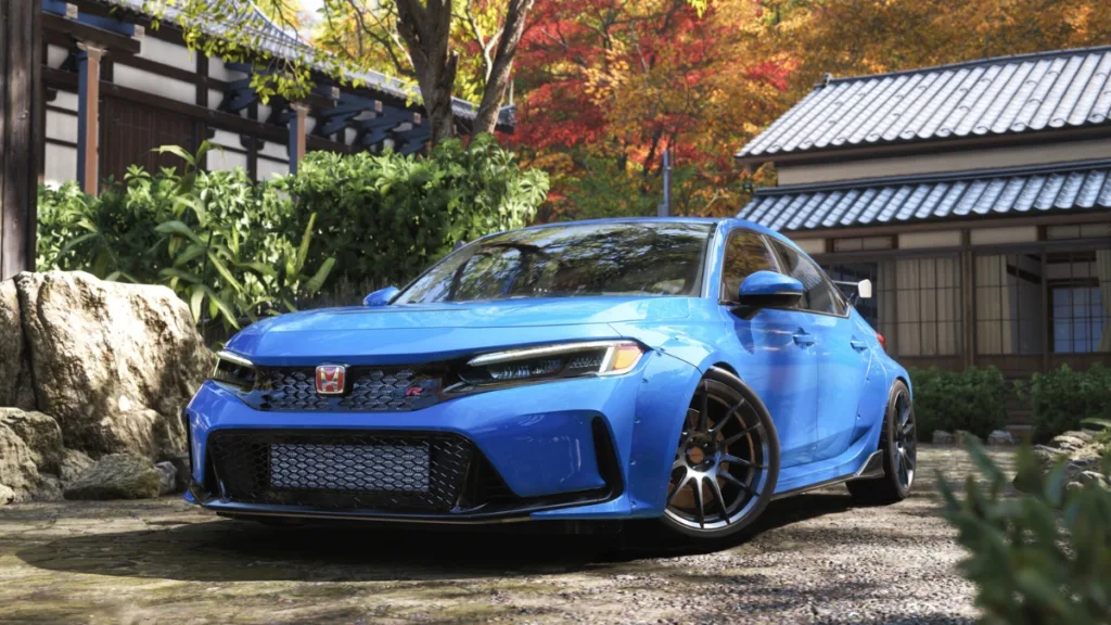 Sportowy samochód w japońskim ogrodzie, kadr z gameplay trailera Forza Horizon 6