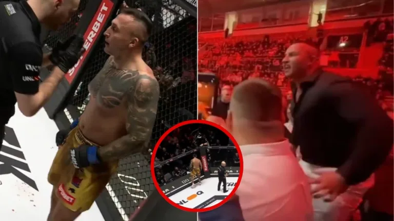 Denis Załęcki prowokuje Bartosza Szachtę podczas walki na gali FAME MMA 29