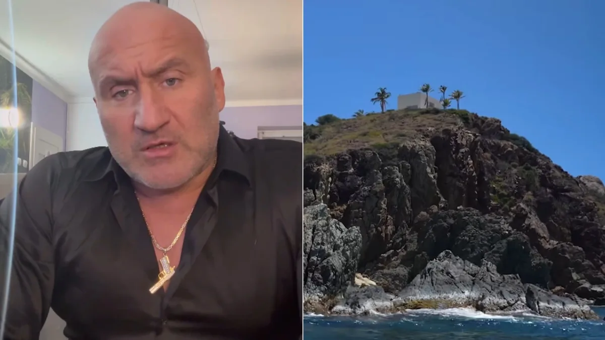 Marcin Najman mówiący do kamery oraz widok skalistej wyspy Jeffreya Epsteina