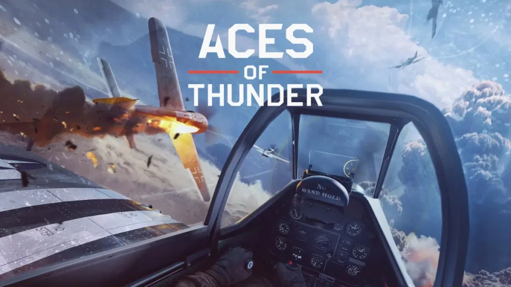 Zrzut ekranu z gry Aces of Thunder na PC przedstawiający widok z kokpitu myśliwca podczas dynamicznej walki powietrznej