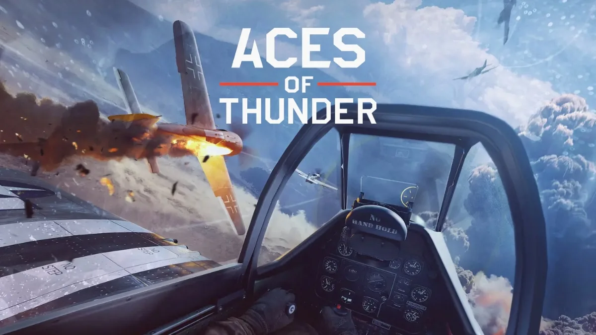 Zrzut ekranu z gry Aces of Thunder na PC przedstawiający widok z kokpitu myśliwca podczas dynamicznej walki powietrznej