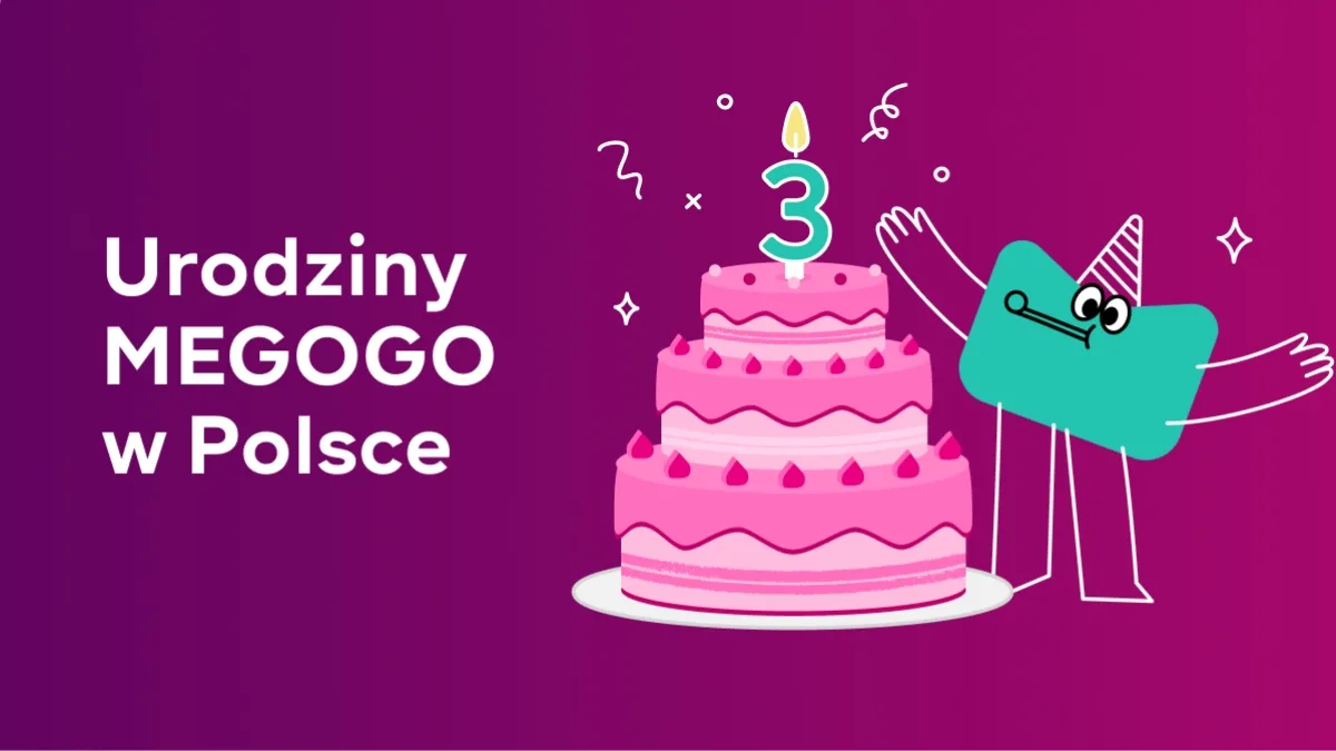 Urodziny Megogo w Polsce - grafika z tortem urodzinowym z cyfrą 3 oraz ilustracją postaci platformy Megogo