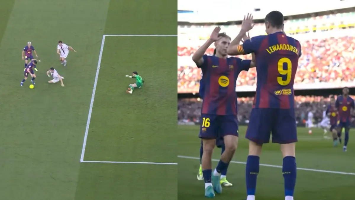 Robert Lewandowski zdobywa gola dla FC Barcelony w meczu La Liga z Mallorcą i celebruje trafienie z kolegą z drużyny na Camp Nou