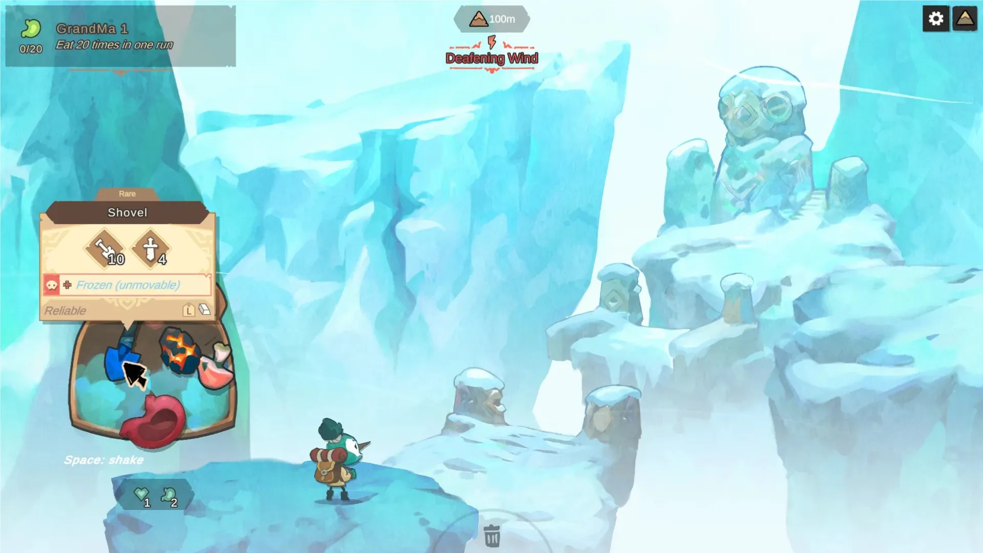 Zrzut ekranu z gry Barda. Bohater eksploruje lodowy obszar góry, zarządzając przedmiotami w plecaku przed premierą gry.