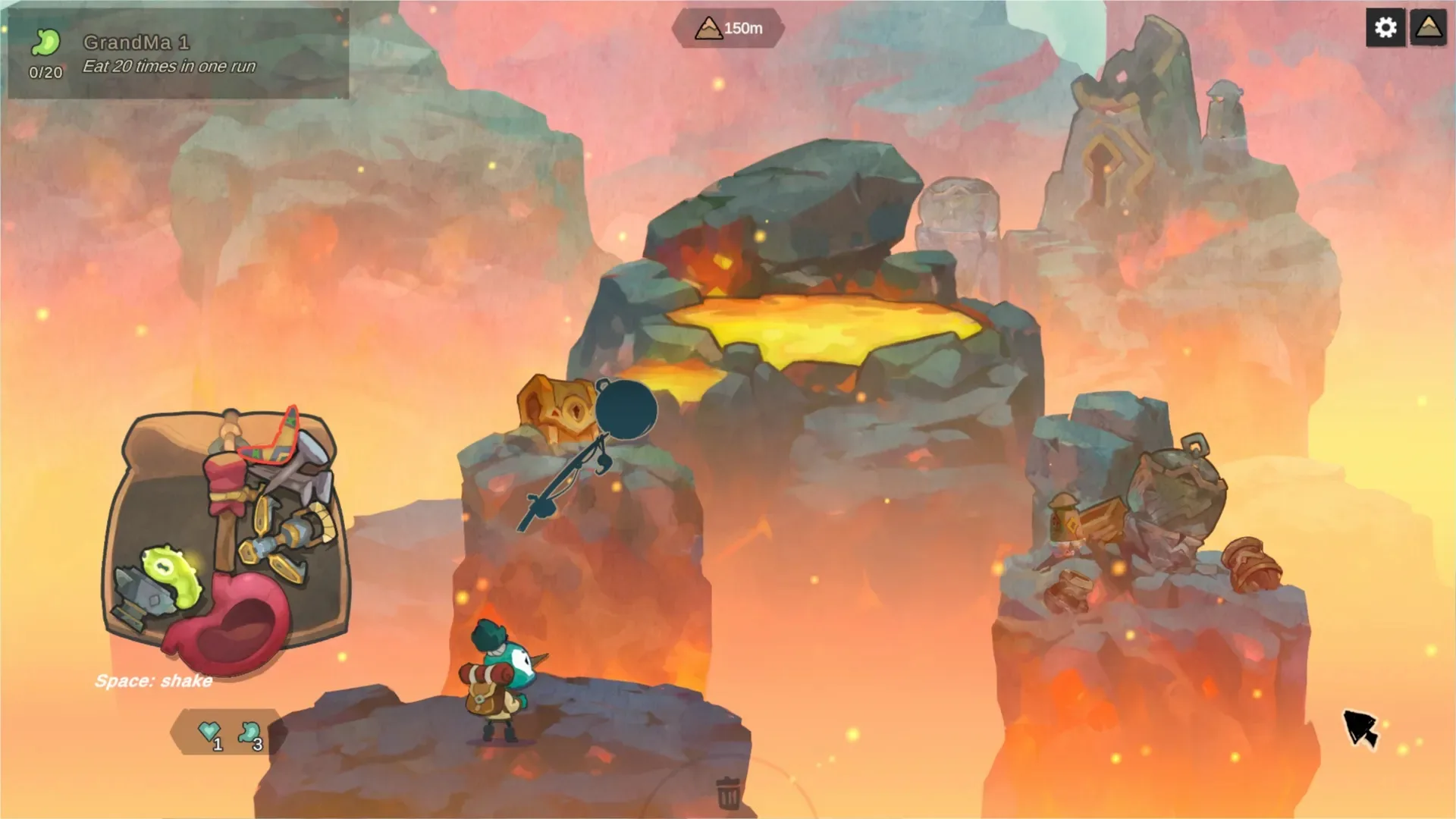 Zrzut ekranu z gry Barda - bohater eksploruje wulkaniczny obszar góry i zarządza zawartością plecaka przed premierą gry.