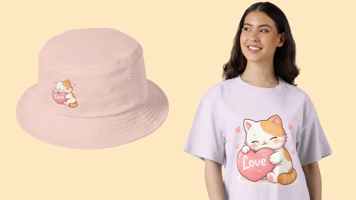 Pastelowy bucket hat i koszulka z uroczą ilustracją kotka przytulającego serce z napisem Love - walentynkowy motyw z kotem
