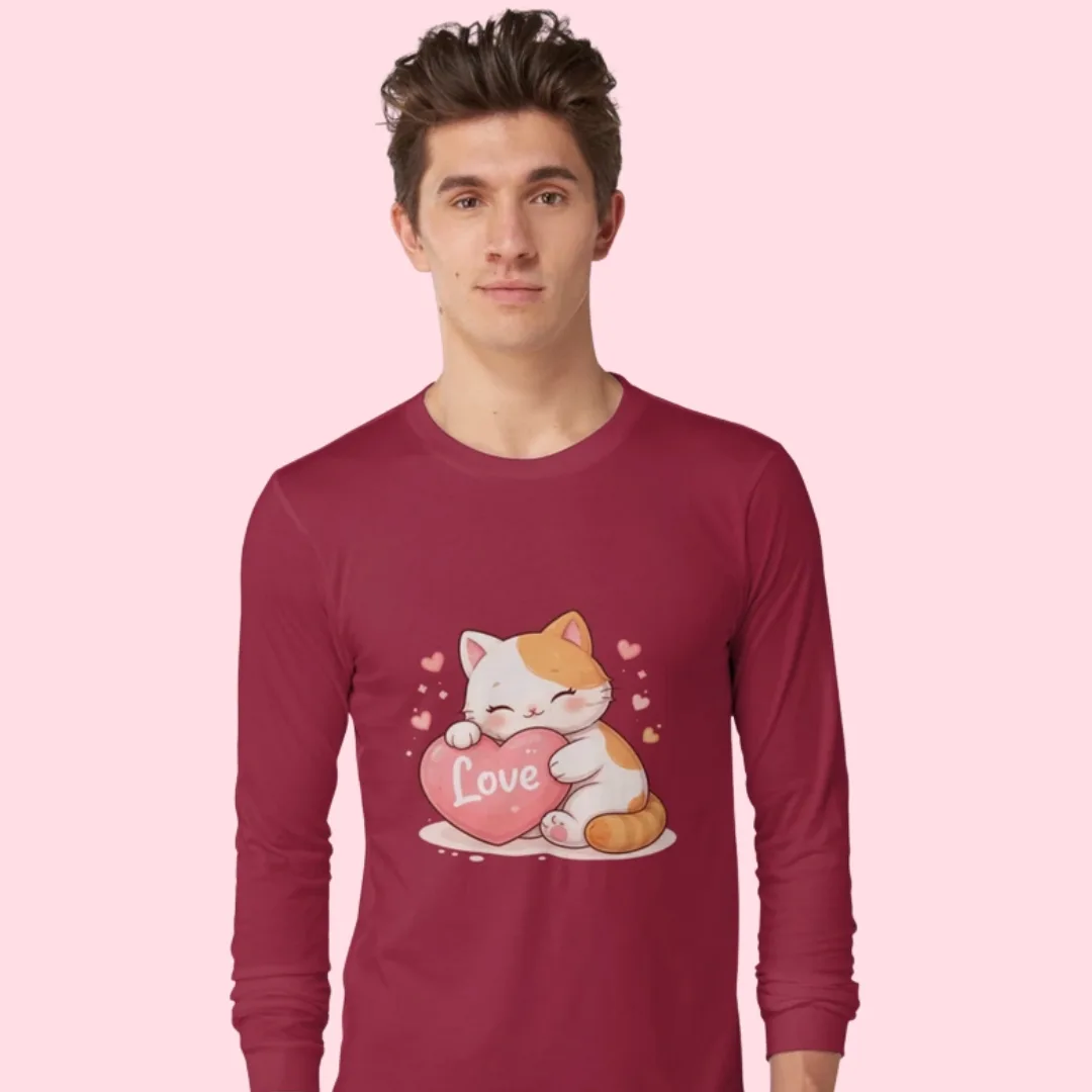 Męska koszulka z długim rękawem z ilustracją kotka przytulającego serce z napisem Love - walentynkowy motyw z kotem