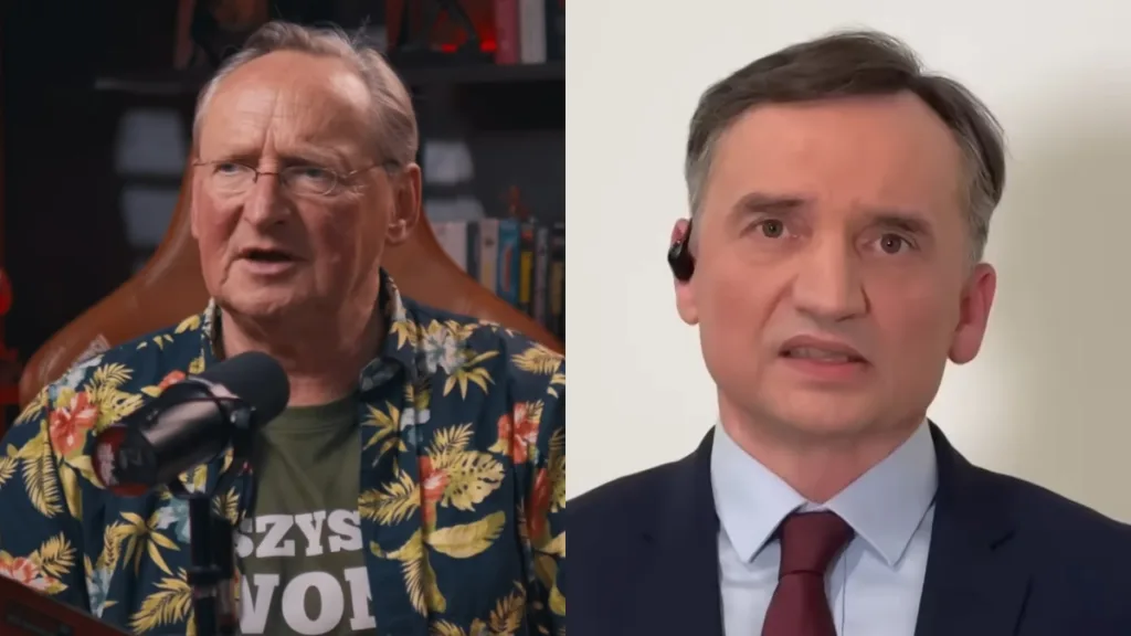 Podzielony kadr z wywiadu: publicysta komentujący wydarzenia polityczne w studiu oraz polityk w oficjalnym wystąpieniu wideo