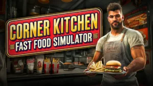 Grafika promocyjna gry Corner Kitchen Fast Food Simulator - mężczyzna w fartuchu trzyma tacę z burgerem i frytkami we wnętrzu restauracji fast food