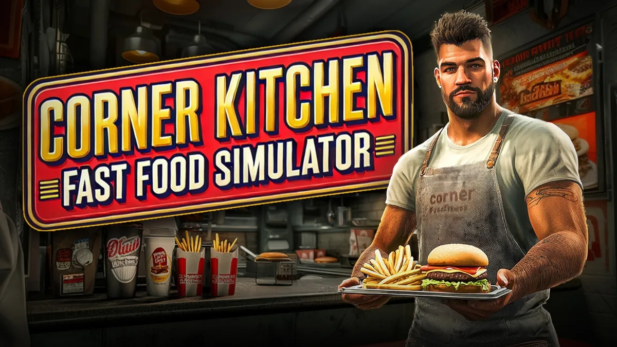 Grafika promocyjna gry Corner Kitchen Fast Food Simulator - mężczyzna w fartuchu trzyma tacę z burgerem i frytkami we wnętrzu restauracji fast food
