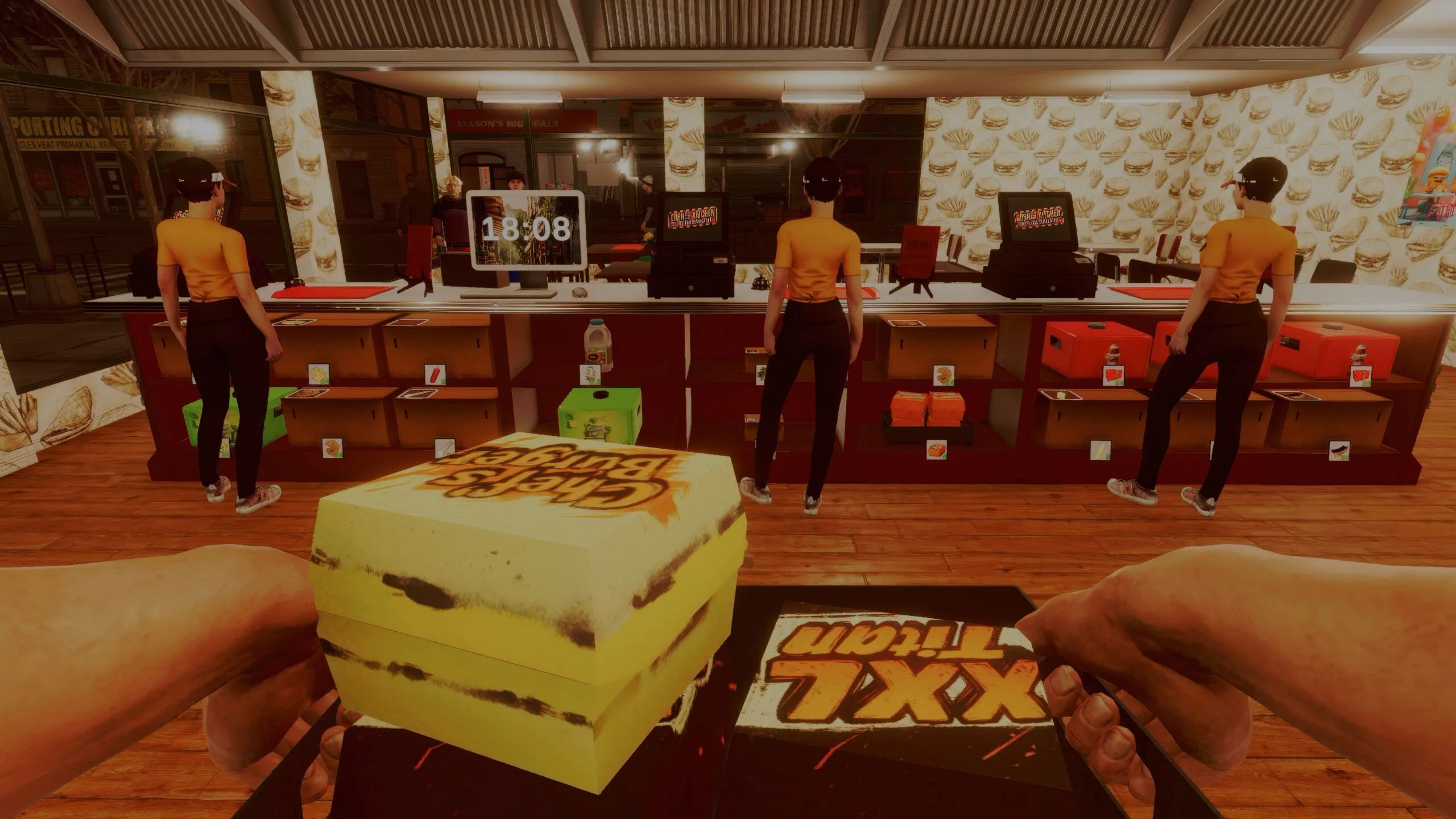 Zrzut ekranu z gry Corner Kitchen Fast Food Simulator przedstawiający widok z perspektywy pierwszej osoby podczas obsługi klienta przy ladzie fast food