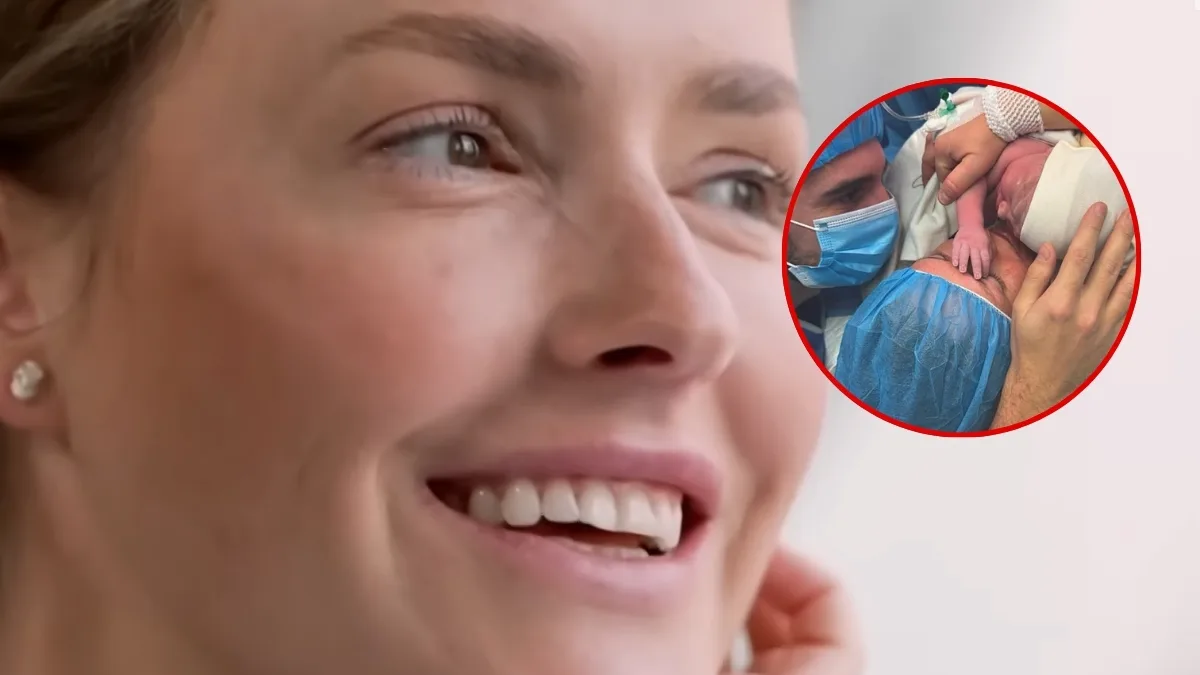 Olga Frycz uśmiechnięta w zbliżeniu twarzy, obok w okrągłym kadrze zdjęcie z porodówki z nowo narodzonym dzieckiem i personelem medycznym.