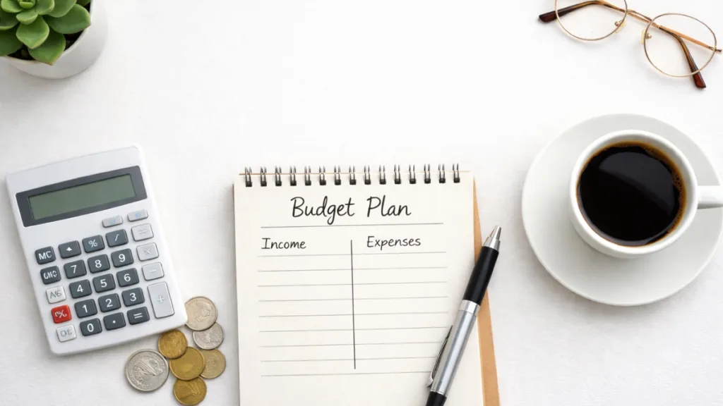 Planowanie budżetu domowego - kalkulator, monety i notes do oszczędzania pieniędzy.