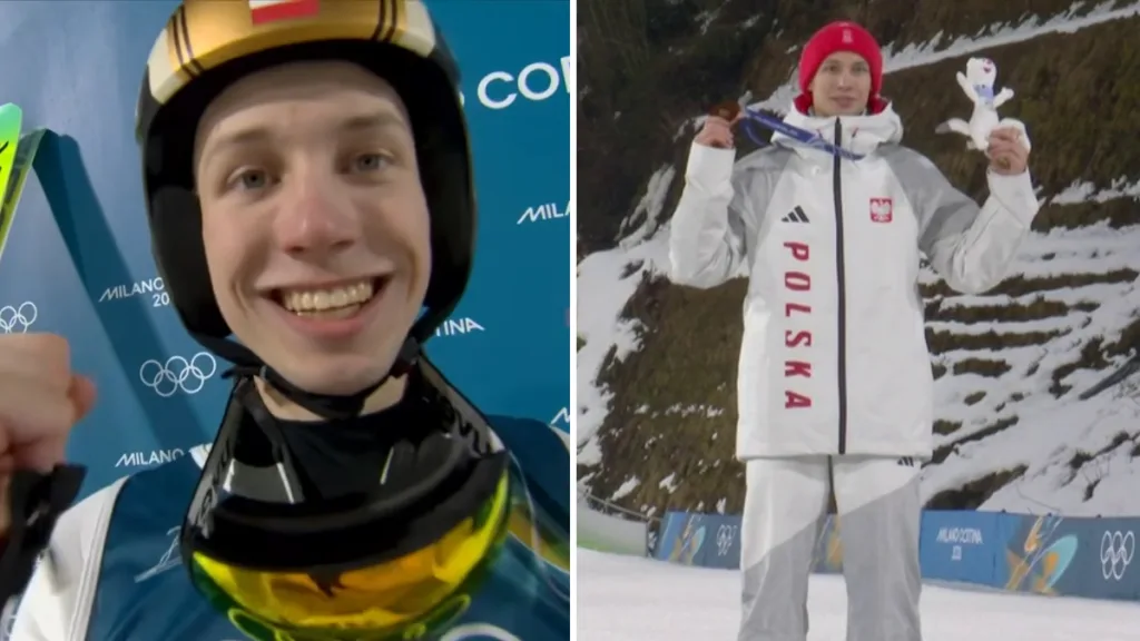 Kacper Tomasiak po zdobyciu medalu olimpijskiego w Mediolanie. Zbliżenie w kasku oraz zdjęcie z brązowym medalem i maskotką igrzysk.