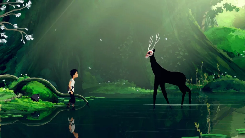 Lana i Mui stoją w płytkiej wodzie naprzeciw tajemniczego, czarnego stworzenia z porożem w zielonym, leśnym otoczeniu. Premiera gry już w marcu.