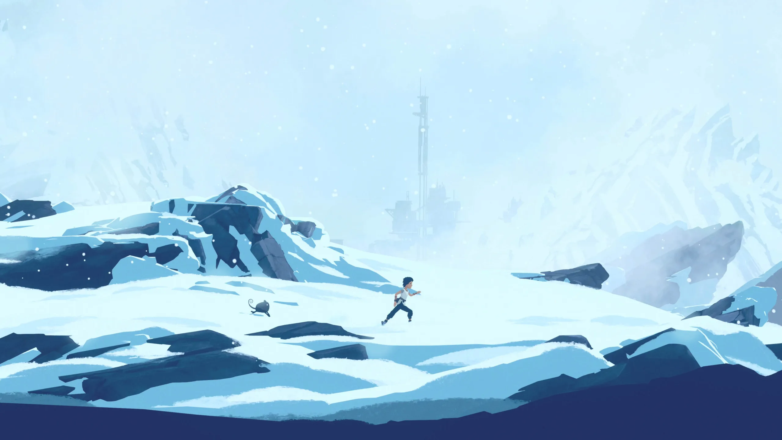 Lana i Mui biegną przez zaśnieżone góry w trakcie śnieżycy, w tle widać odległą, przemysłową konstrukcję.