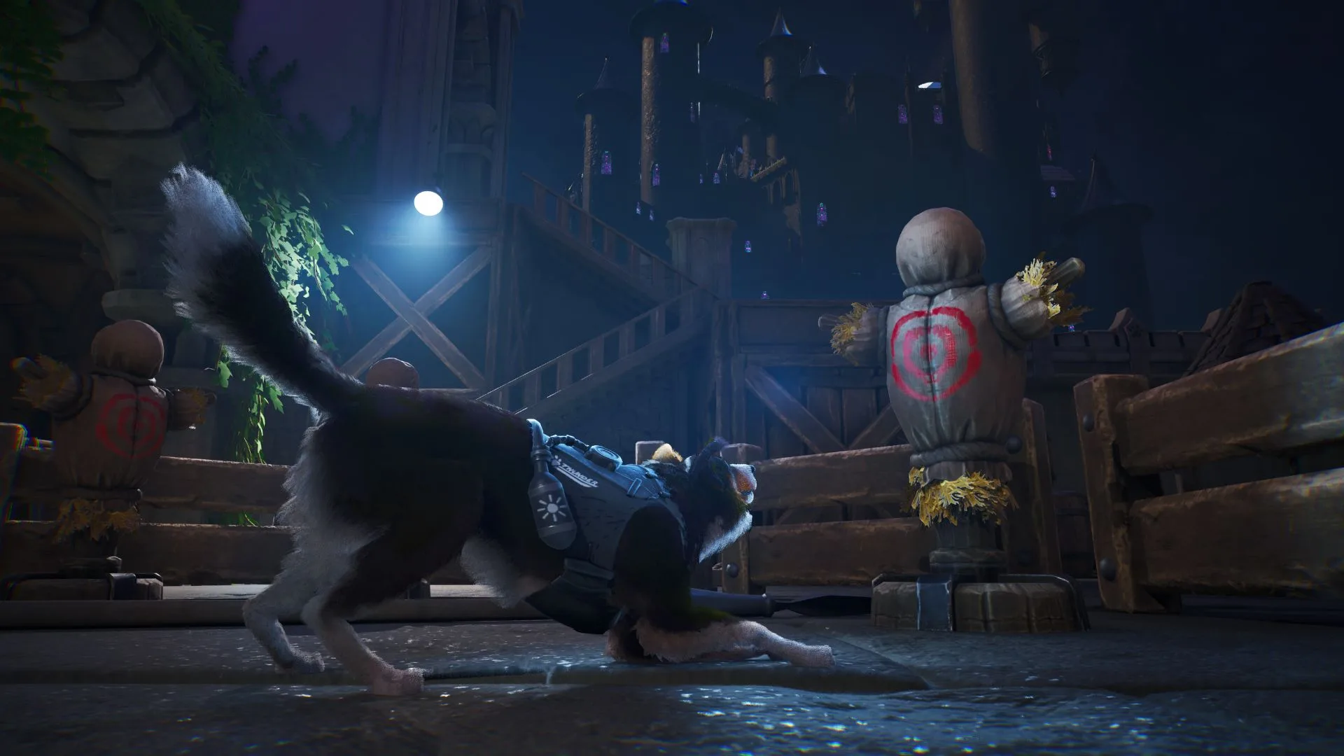 Agent T.H.U.N.D.E.R. trenuje w zamkowej scenerii, atakując manekiny z tarczami podczas nocnej misji w grze BARKOUR.