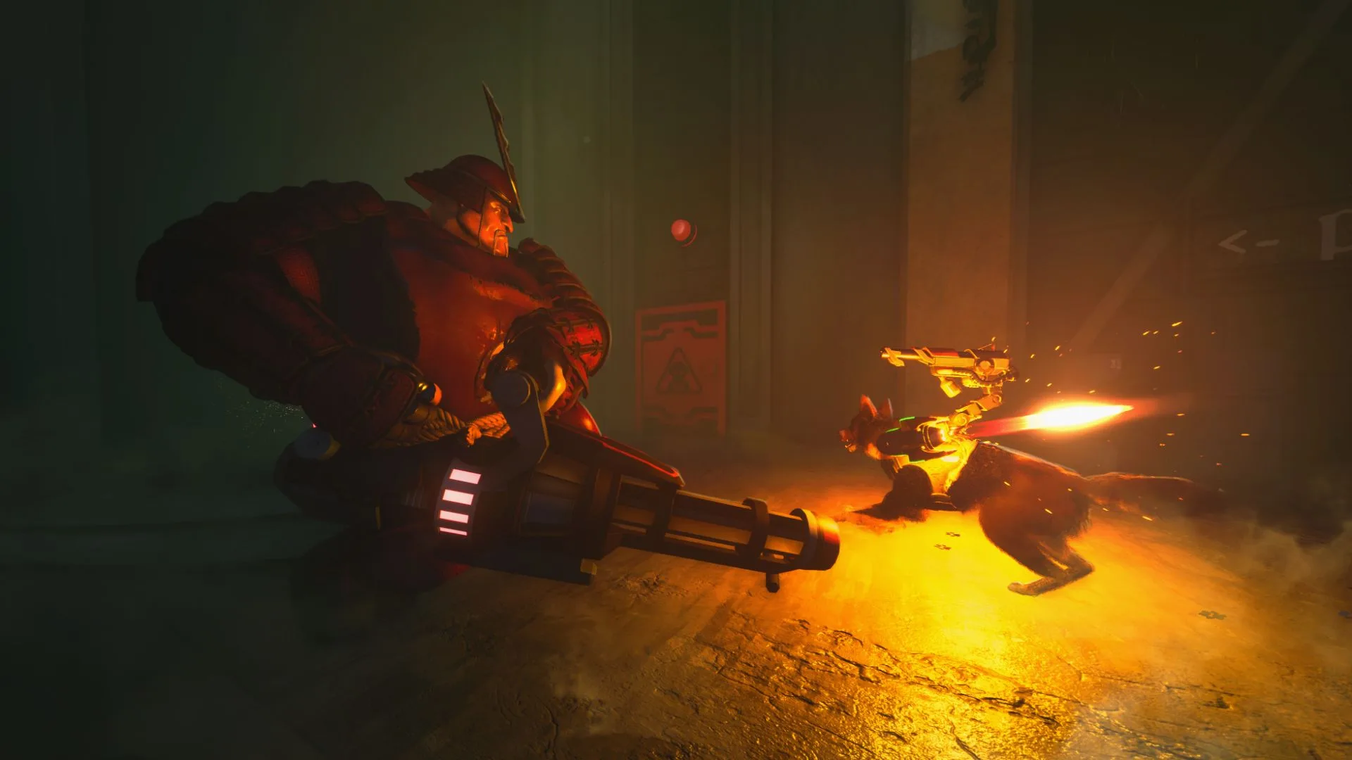 Agent T.H.U.N.D.E.R. walczy z ciężkozbrojnym przeciwnikiem uzbrojonym w minigun podczas dynamicznej strzelaniny w grze BARKOUR.