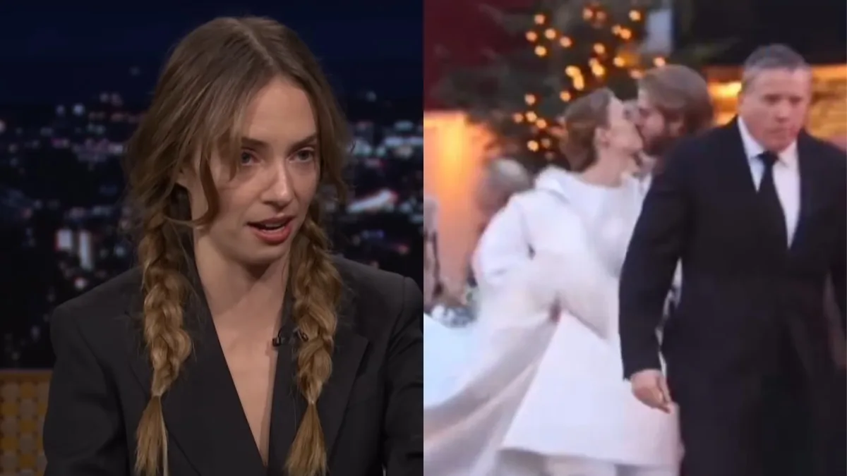 Maya Hawke po lewej z warkoczami podczas wywiadu telewizyjnego, po prawej jako panna młoda całująca pana młodego, kiedy wzięła ślub