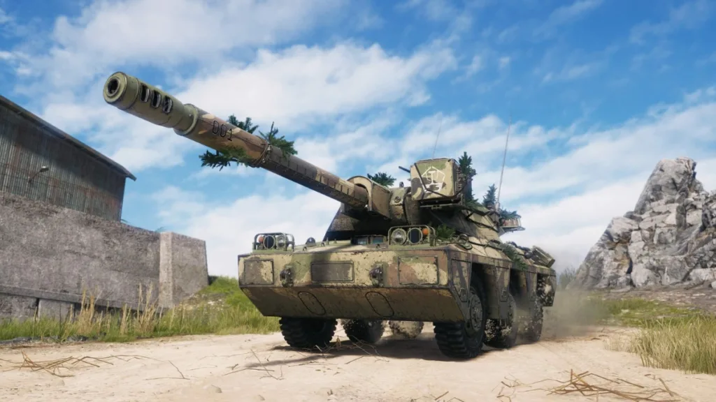 Japoński kołowy niszczyciel czołgów X poziomu Ashigaru w World of Tanks, z numerowanym stylem 3D Shinsei, na polu bitwy z uniesioną lufą.