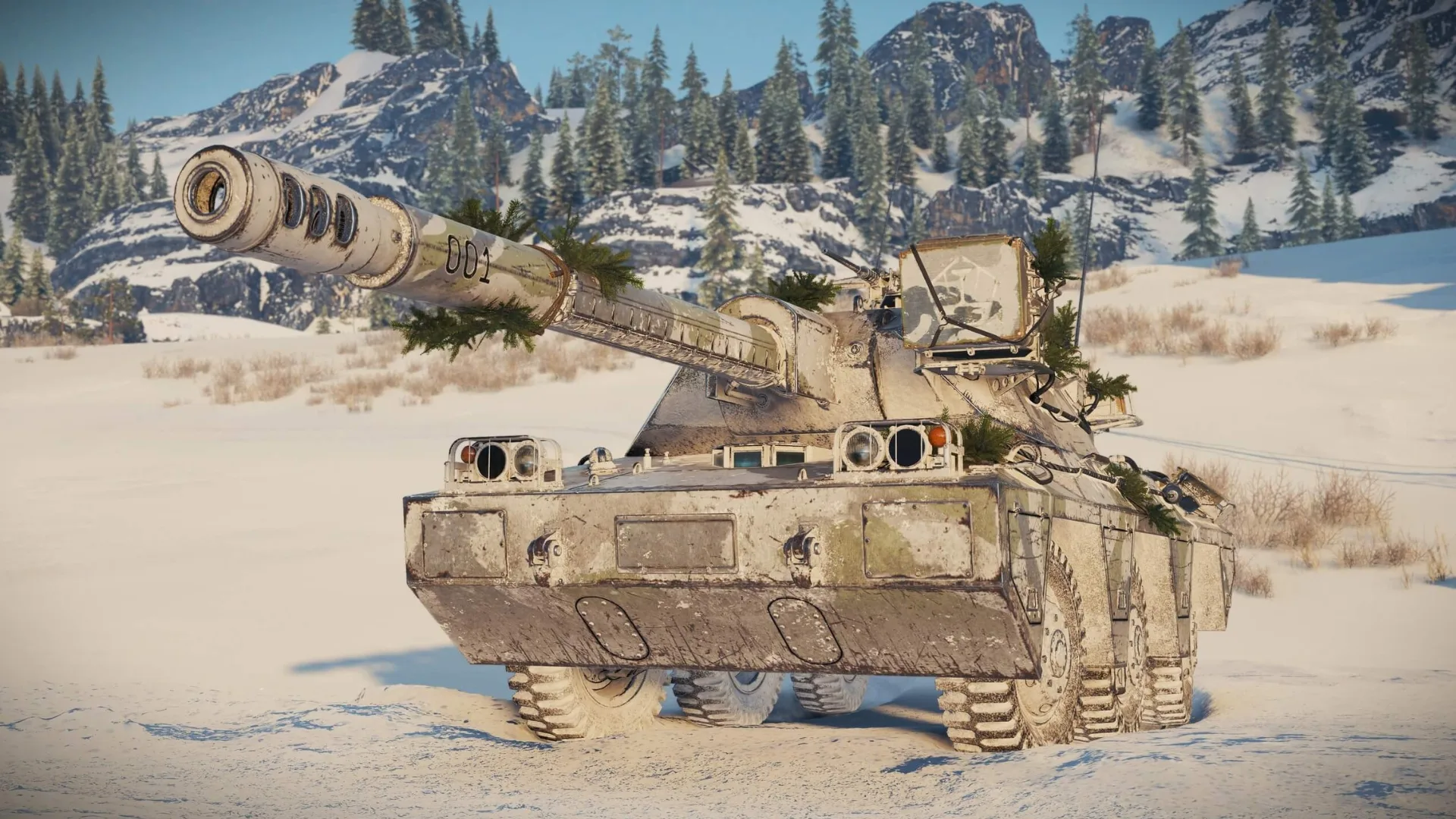 Ashigaru - japoński kołowy niszczyciel czołgów X poziomu w World of Tanks - na zimowej mapie, z numerem 001 i stylem 3D Shinsei.