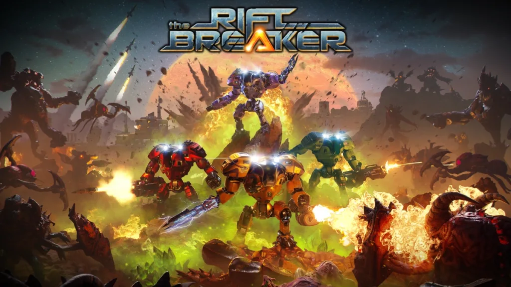 Dynamiczna grafika promocyjna gry The Riftbreaker przedstawiająca futurystyczne mechy walczące z hordą obcych stworzeń na obcej planecie wśród eksplozji i ognia.
