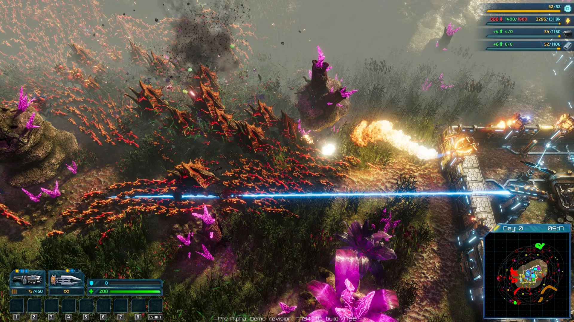 Zrzut ekranu z gry The Riftbreaker przedstawiający obronę bazy przed falą obcych stworzeń; wieżyczki strzelają ogniem i laserem w stronę nadciągających potworów w biomie pełnym fioletowych kryształów.