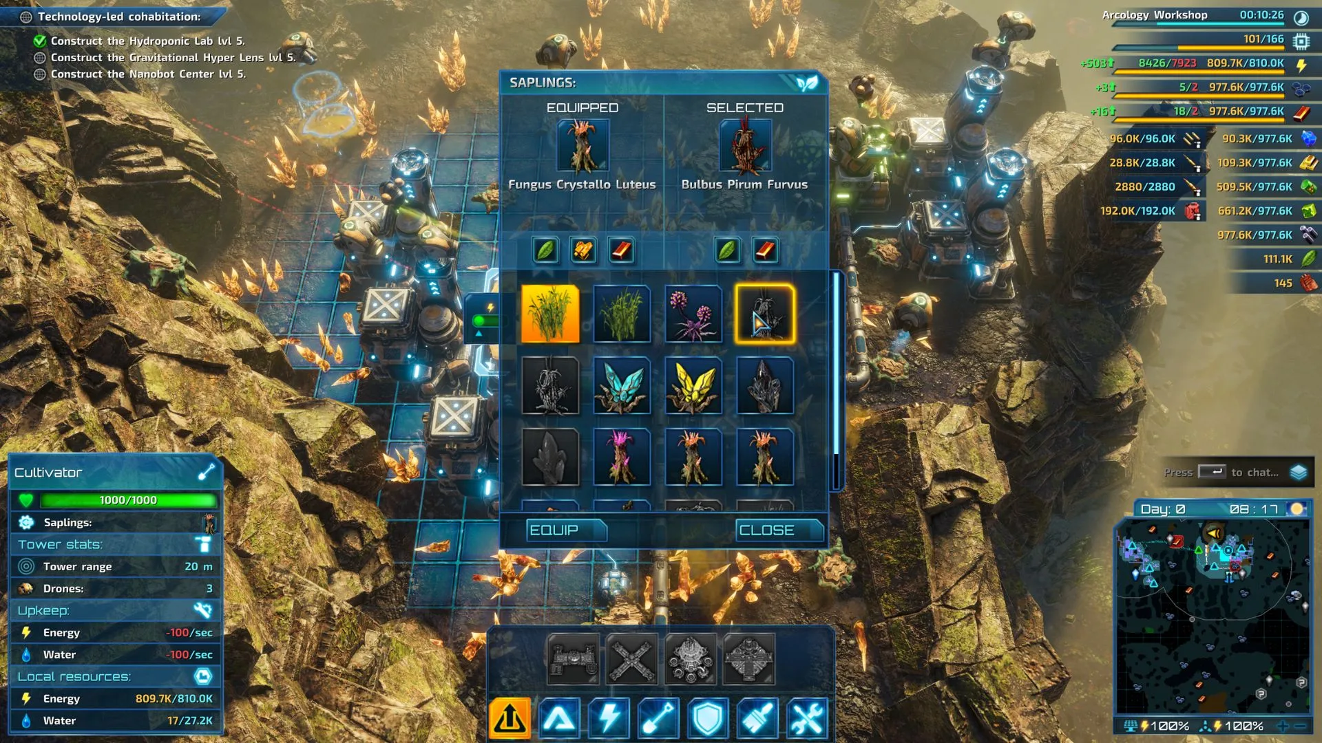 Zrzut ekranu z gry The Riftbreaker przedstawiający interfejs zarządzania sadzonkami (Saplings) w bazie, z widokiem na budynki produkcyjne i złote kryształy w skalistym biomie.