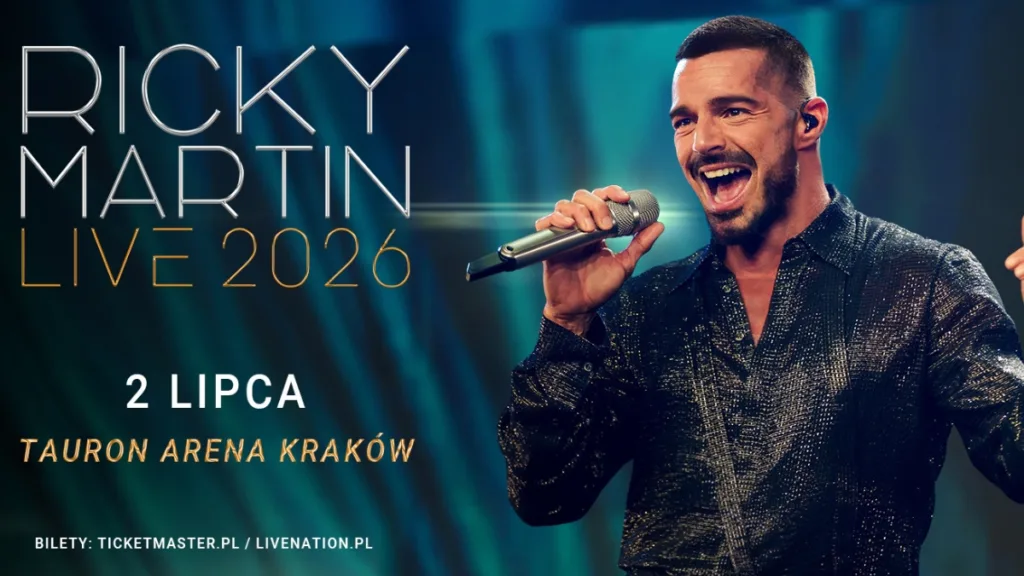 Plakat koncertu Ricky Martin Live 2026 - wokalista śpiewający do mikrofonu na scenie, data 2 lipca, Tauron Arena Kraków, informacja o biletach Ticketmaster i Live Nation.