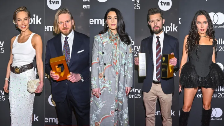 Kolaż zdjęć z gali Bestsellery Empiku 2025 przedstawiający Weronikę Książkiewicz, Szczepana Twardocha, Jessie Ware, Remigiusza Mroza i Zalię na czerwonym dywanie.