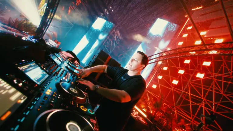 DJ podczas energetycznego seta na Target One Festival przy konsolecie, w otoczeniu intensywnych czerwonych świateł i scenicznej oprawy LED.