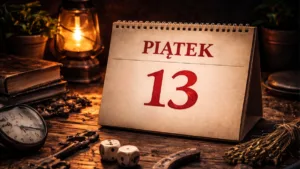 Kalendarz z datą piątek 13 na drewnianym biurku, ilustracja nawiązująca do przesądów i tego, czego nie robić w piątek 13.