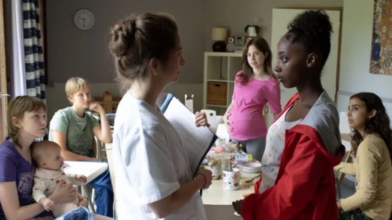 Młode matki w ośrodku opieki podczas spotkania z opiekunką, jedna z dziewczyn trzyma niemowlę, inne słuchają rozmowy