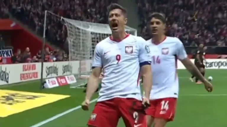 Polska wygrywa z Albanią 2:1, a Robert Lewandowski celebruje gola na stadionie